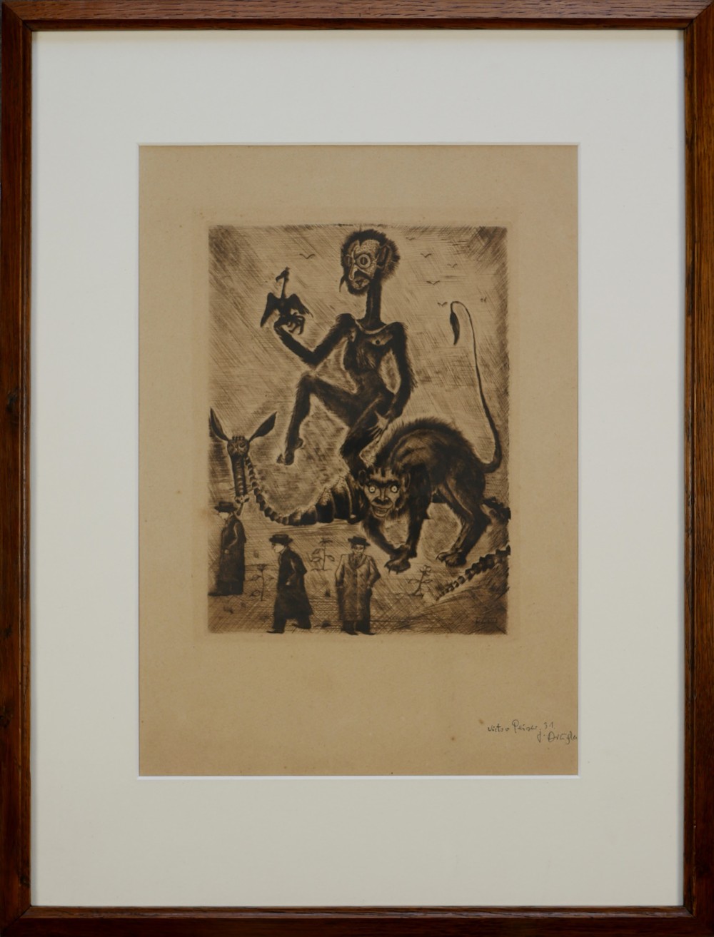 A 1931 monochrome surrealist etching featuring hybrid creatures hovering above three figures dressed in suits and hats. View II