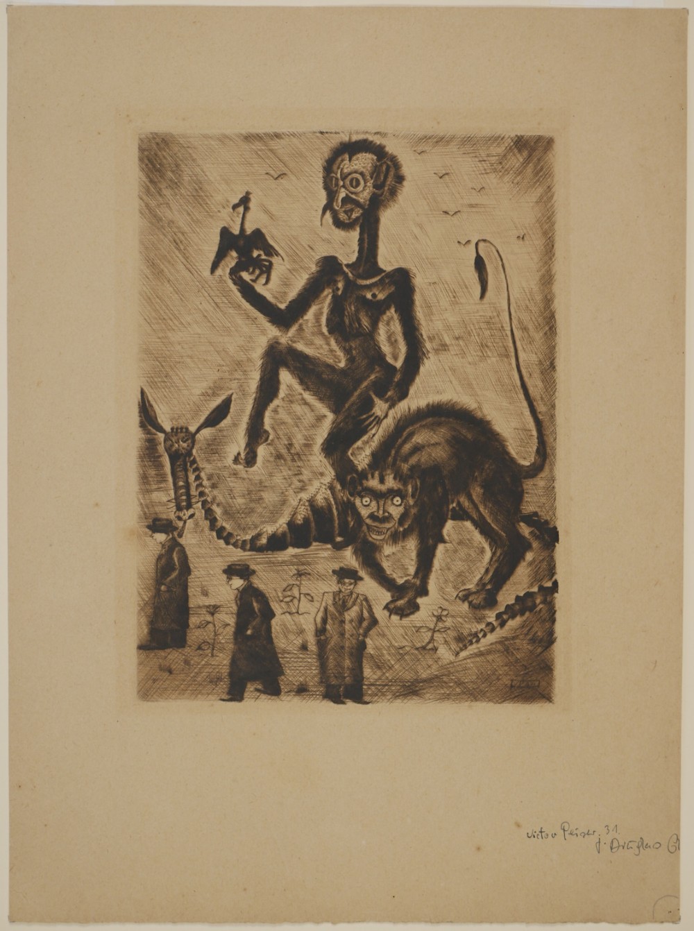 A 1931 monochrome surrealist etching featuring hybrid creatures hovering above three figures dressed in suits and hats. View III