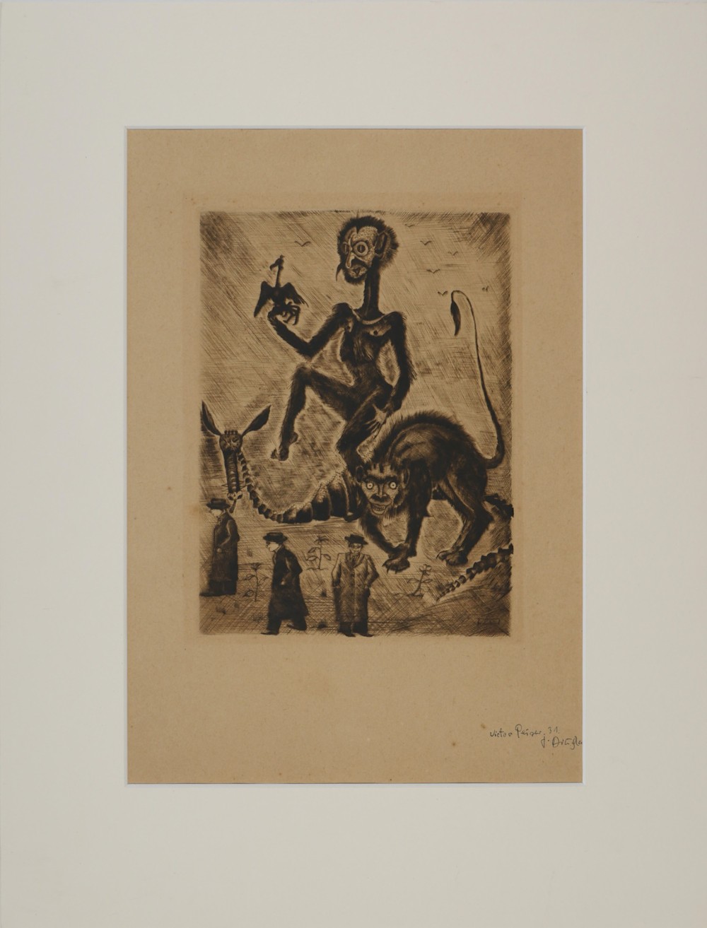 A 1931 monochrome surrealist etching featuring hybrid creatures hovering above three figures dressed in suits and hats. View IV