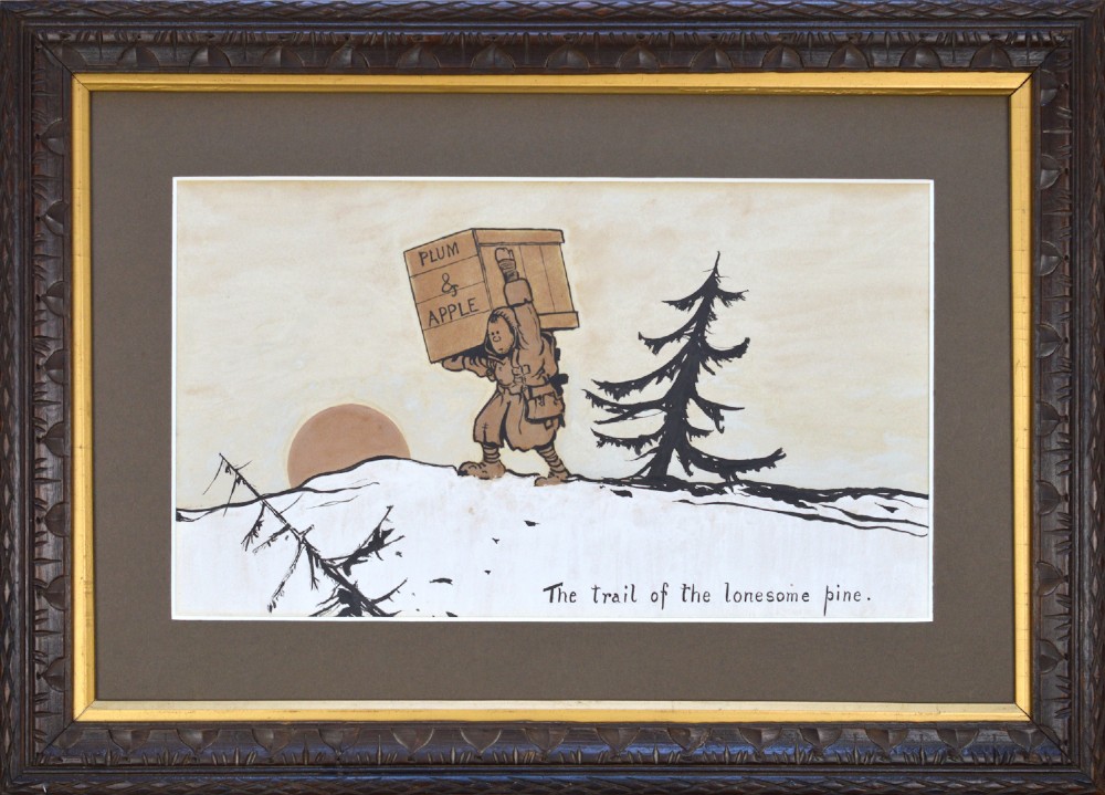A framed original First World War watercolour painting depicting a soldier carrying a large crate through snow past a pine tree at sunset.