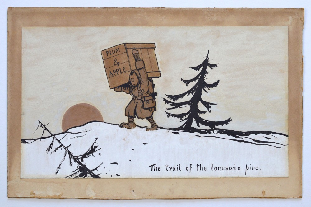 A framed original First World War watercolour painting depicting a soldier carrying a large crate through snow past a pine tree at sunset. View II