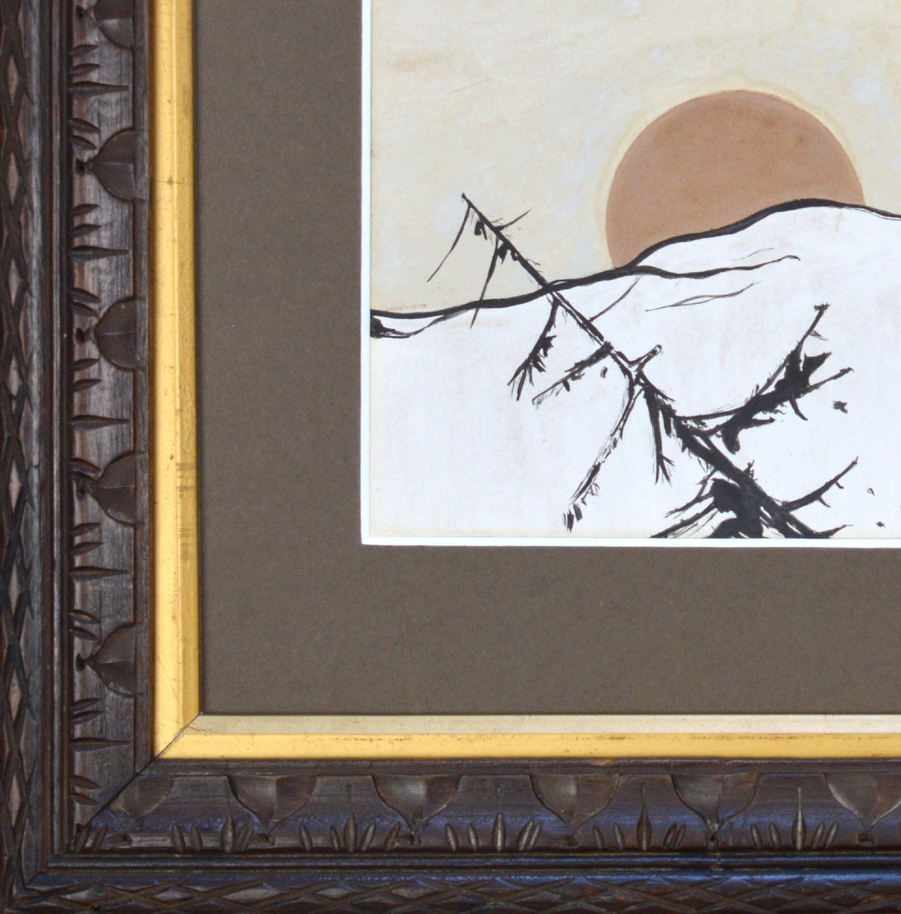 A framed original First World War watercolour painting depicting a soldier carrying a large crate through snow past a pine tree at sunset. View V