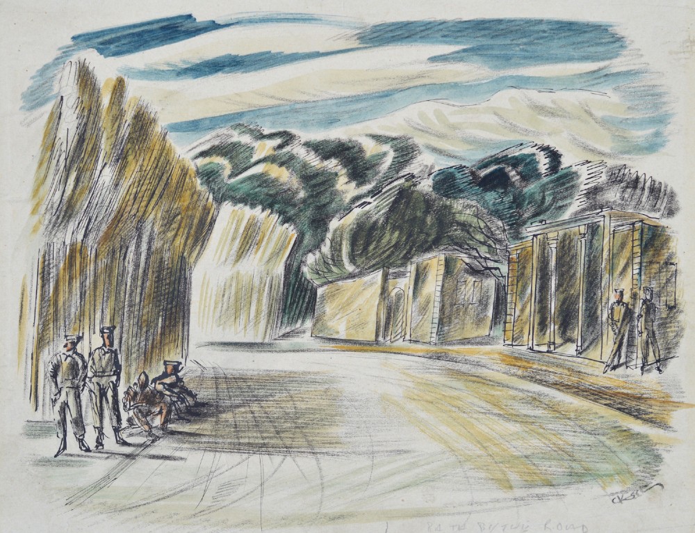 Three original wartime coloured pencil landscape drawings by Cecil Keeling displayed alongside an open copy of the book Pictures from Persia. View II