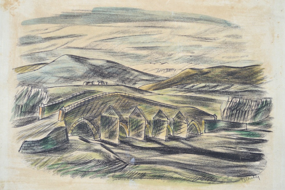 Three original wartime coloured pencil landscape drawings by Cecil Keeling displayed alongside an open copy of the book Pictures from Persia. View III