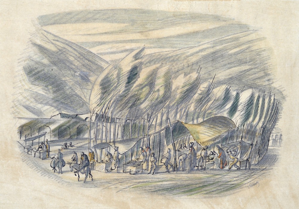 Three original wartime coloured pencil landscape drawings by Cecil Keeling displayed alongside an open copy of the book Pictures from Persia. View IV