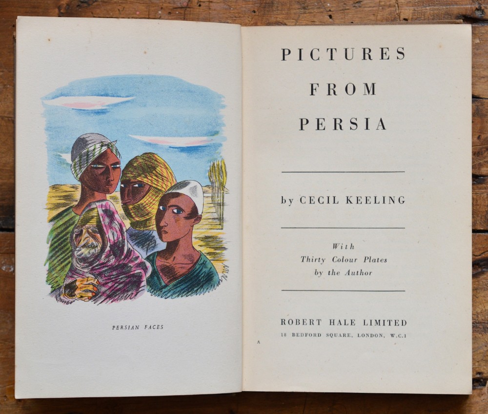 Three original wartime coloured pencil landscape drawings by Cecil Keeling displayed alongside an open copy of the book Pictures from Persia. View V
