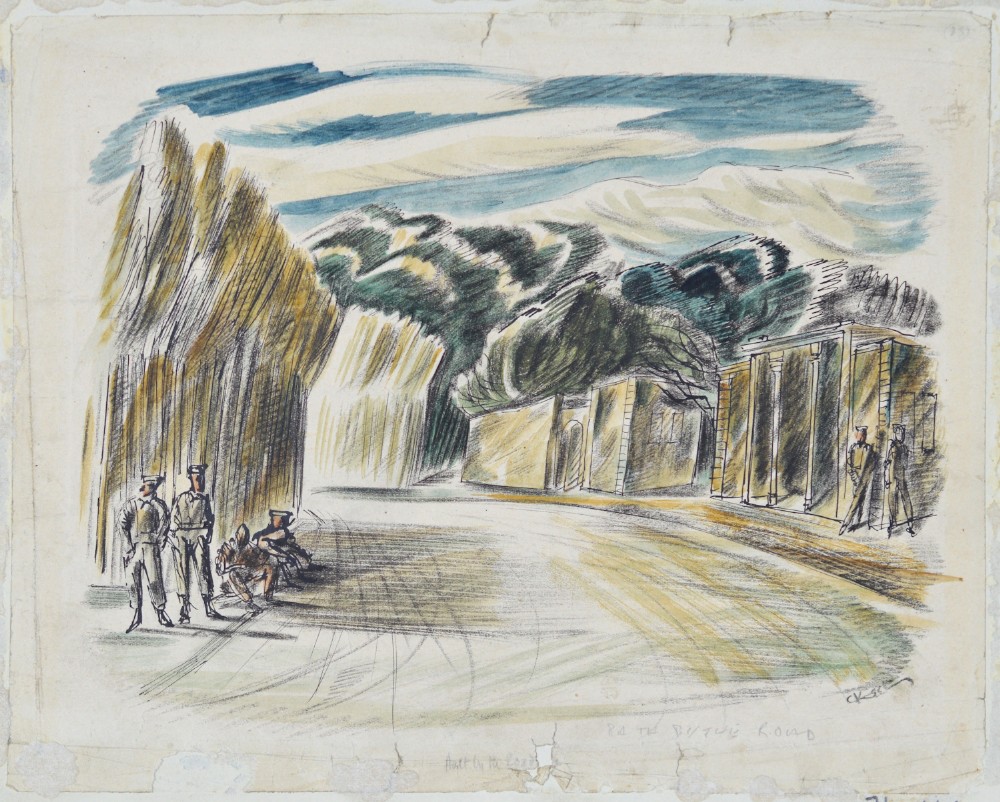 Three original wartime coloured pencil landscape drawings by Cecil Keeling displayed alongside an open copy of the book Pictures from Persia. View VI