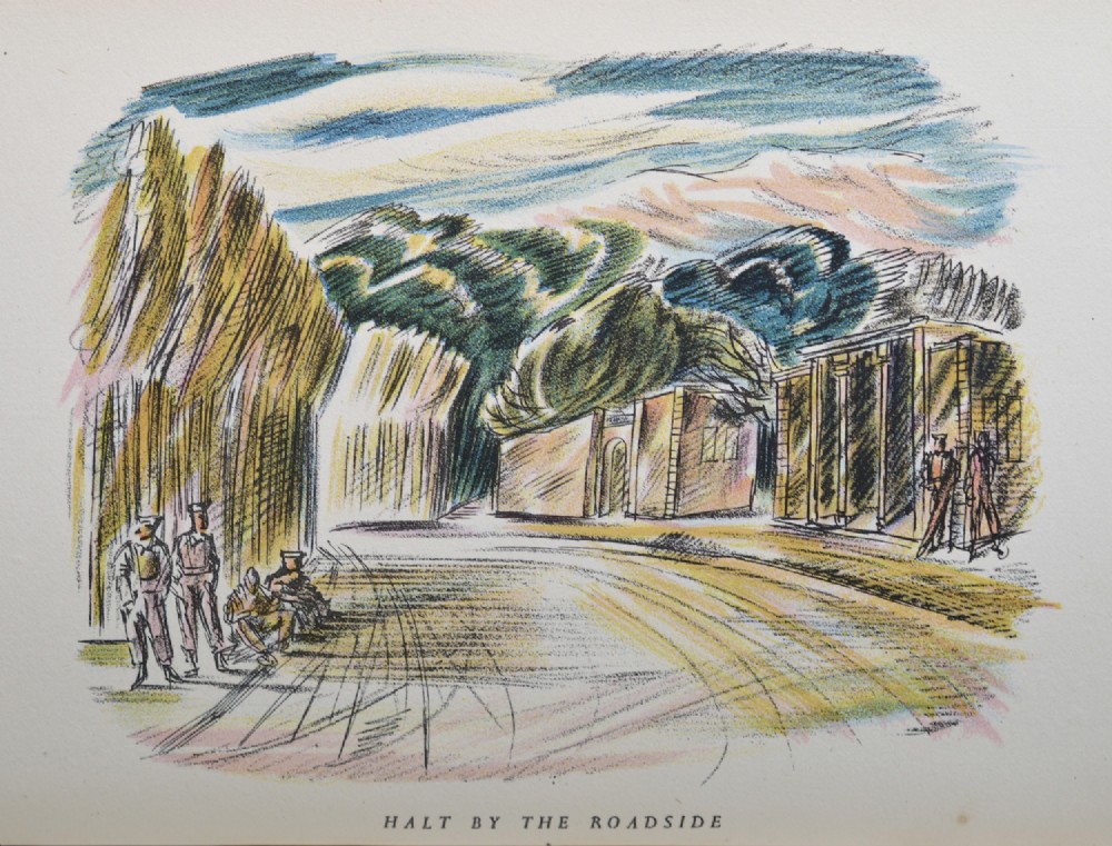 Three original wartime coloured pencil landscape drawings by Cecil Keeling displayed alongside an open copy of the book Pictures from Persia. View VIII