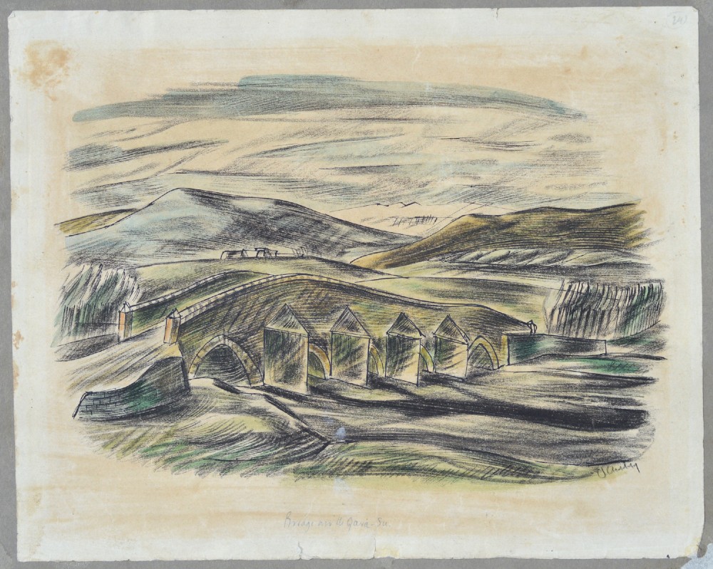 Three original wartime coloured pencil landscape drawings by Cecil Keeling displayed alongside an open copy of the book Pictures from Persia. View IX