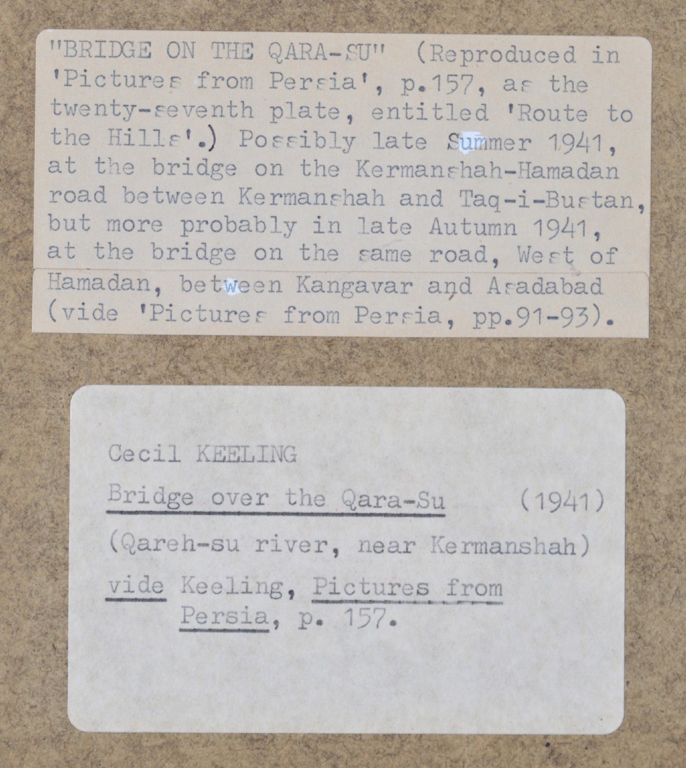 Three original wartime coloured pencil landscape drawings by Cecil Keeling displayed alongside an open copy of the book Pictures from Persia. View X