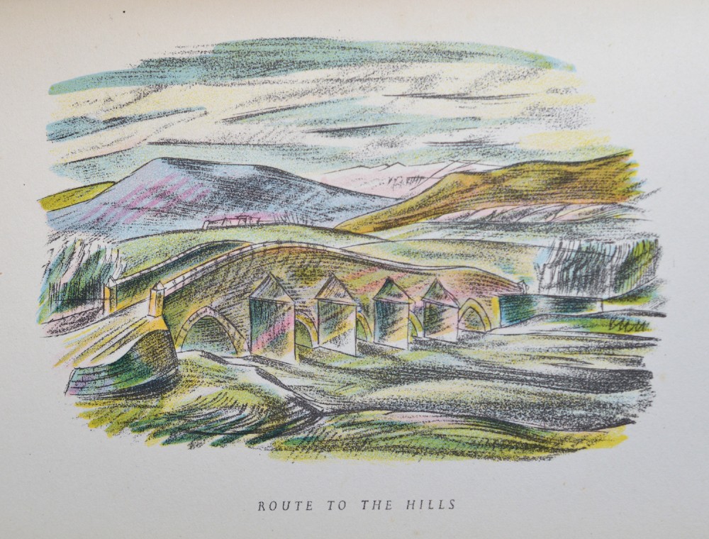 Three original wartime coloured pencil landscape drawings by Cecil Keeling displayed alongside an open copy of the book Pictures from Persia. View XI