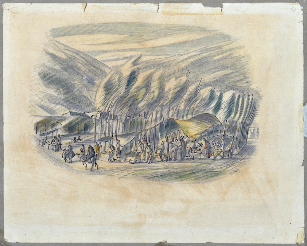 Three original wartime coloured pencil landscape drawings by Cecil Keeling displayed alongside an open copy of the book Pictures from Persia. View XII