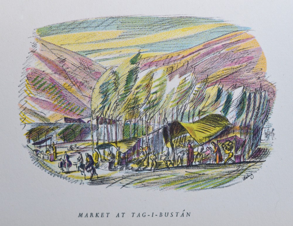 Three original wartime coloured pencil landscape drawings by Cecil Keeling displayed alongside an open copy of the book Pictures from Persia. View XIV