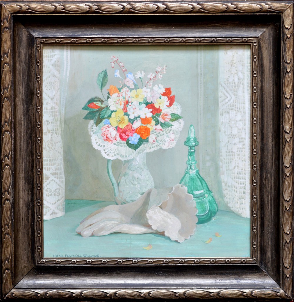 A framed tempera painting on wood panel depicting a colourful floral bouquet in a jug beside a green glass decanter and white gloves on a teal surface.