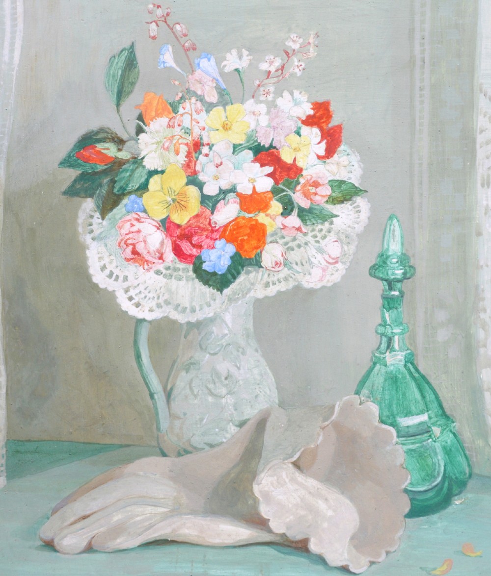 A framed tempera painting on wood panel depicting a colourful floral bouquet in a jug beside a green glass decanter and white gloves on a teal surface. View IV