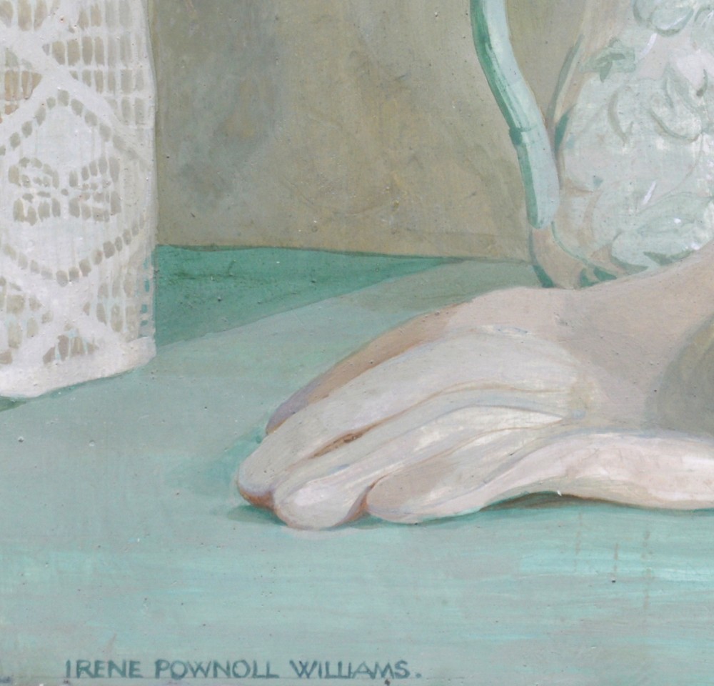 A framed tempera painting on wood panel depicting a colourful floral bouquet in a jug beside a green glass decanter and white gloves on a teal surface. View V