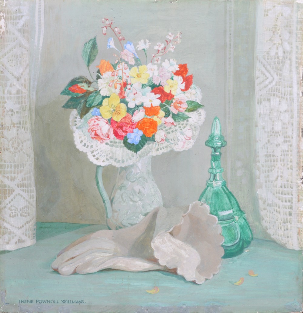 A framed tempera painting on wood panel depicting a colourful floral bouquet in a jug beside a green glass decanter and white gloves on a teal surface. View VI