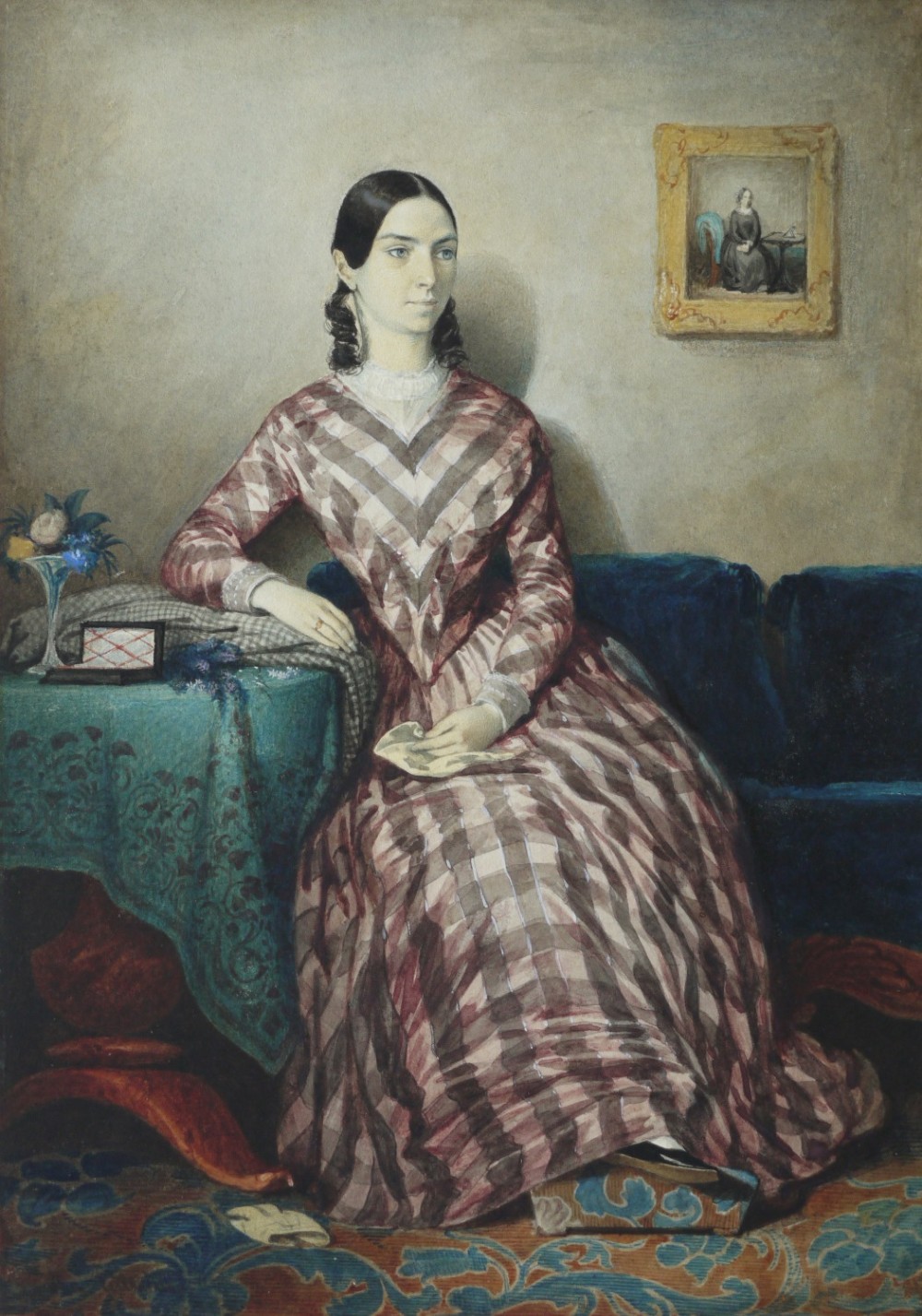 A watercolour portrait depicting a young woman in a checkered dress seated in a room beside a table covered with a teal cloth.