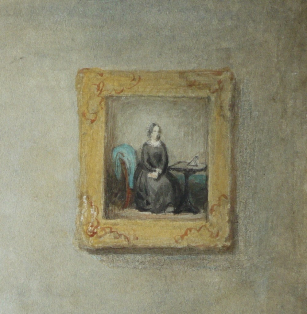 A watercolour portrait depicting a young woman in a checkered dress seated in a room beside a table covered with a teal cloth. View VI