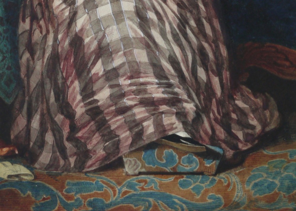 A watercolour portrait depicting a young woman in a checkered dress seated in a room beside a table covered with a teal cloth. View VII