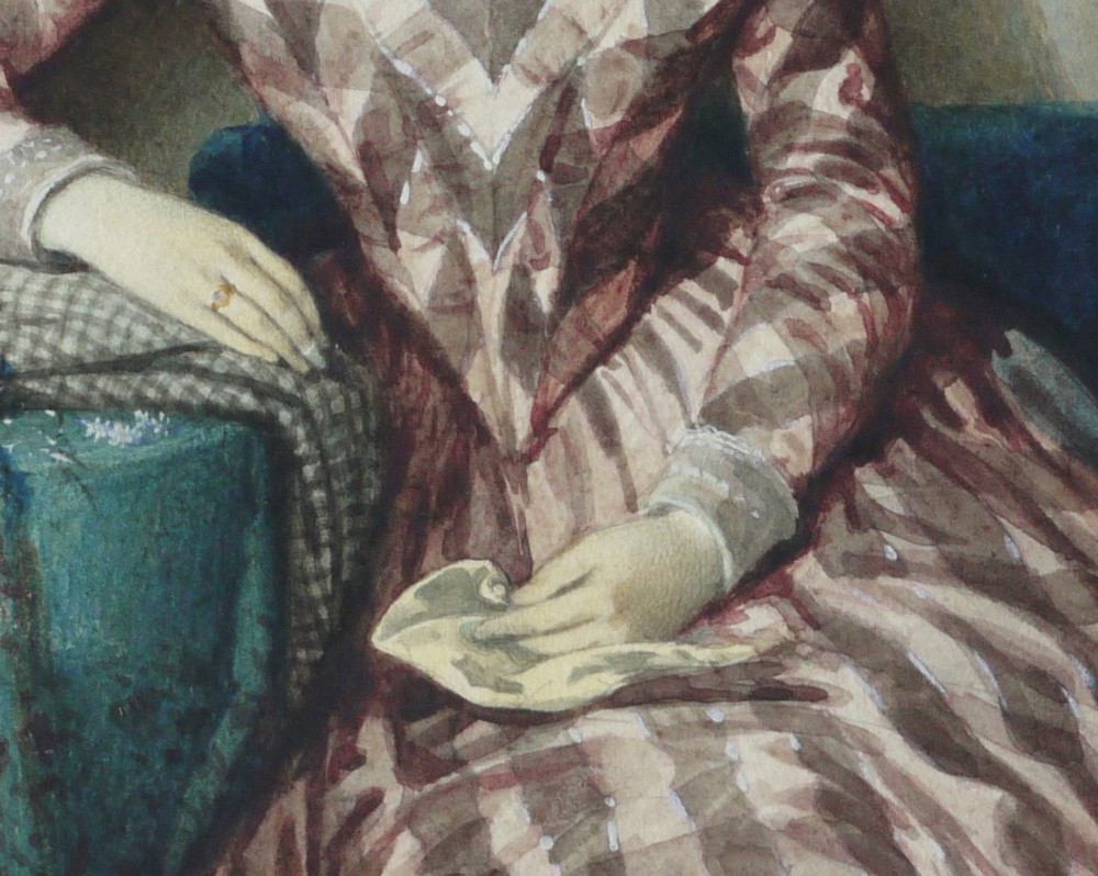 A watercolour portrait depicting a young woman in a checkered dress seated in a room beside a table covered with a teal cloth. View VIII