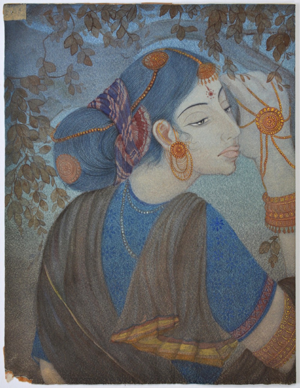 An Indian watercolour painting depicting a woman in profile adorned with traditional gold jewellery against a backdrop of leafy branches.