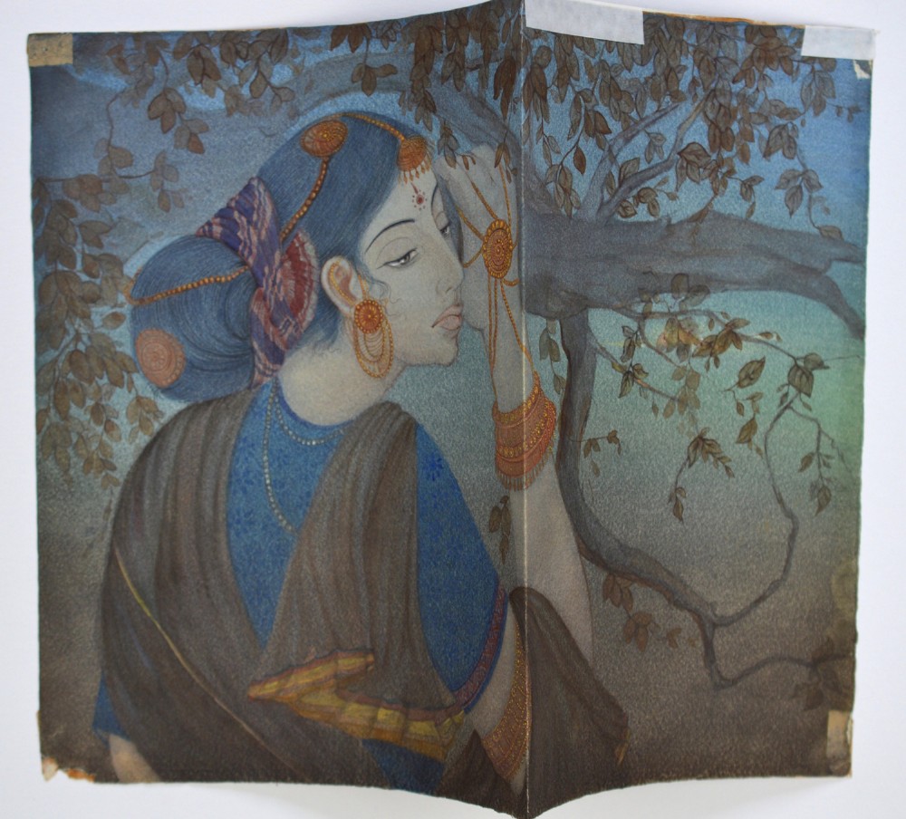 An Indian watercolour painting depicting a woman in profile adorned with traditional gold jewellery against a backdrop of leafy branches. View II