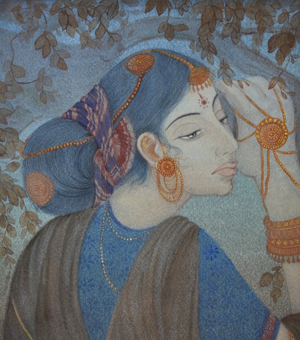 An Indian watercolour painting depicting a woman in profile adorned with traditional gold jewellery against a backdrop of leafy branches. View III