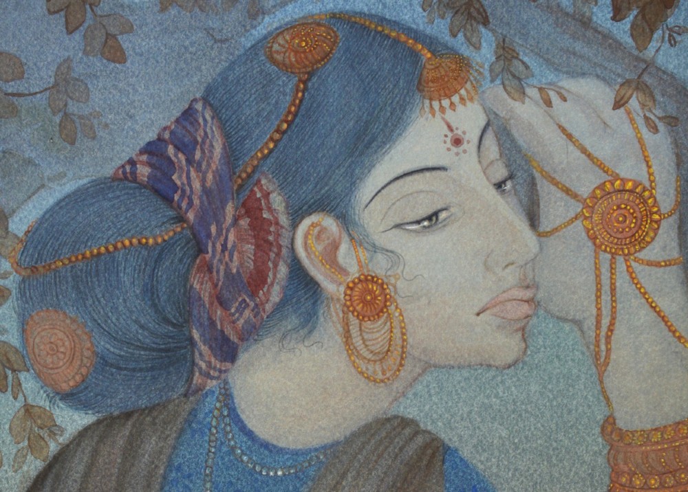 An Indian watercolour painting depicting a woman in profile adorned with traditional gold jewellery against a backdrop of leafy branches. View IV