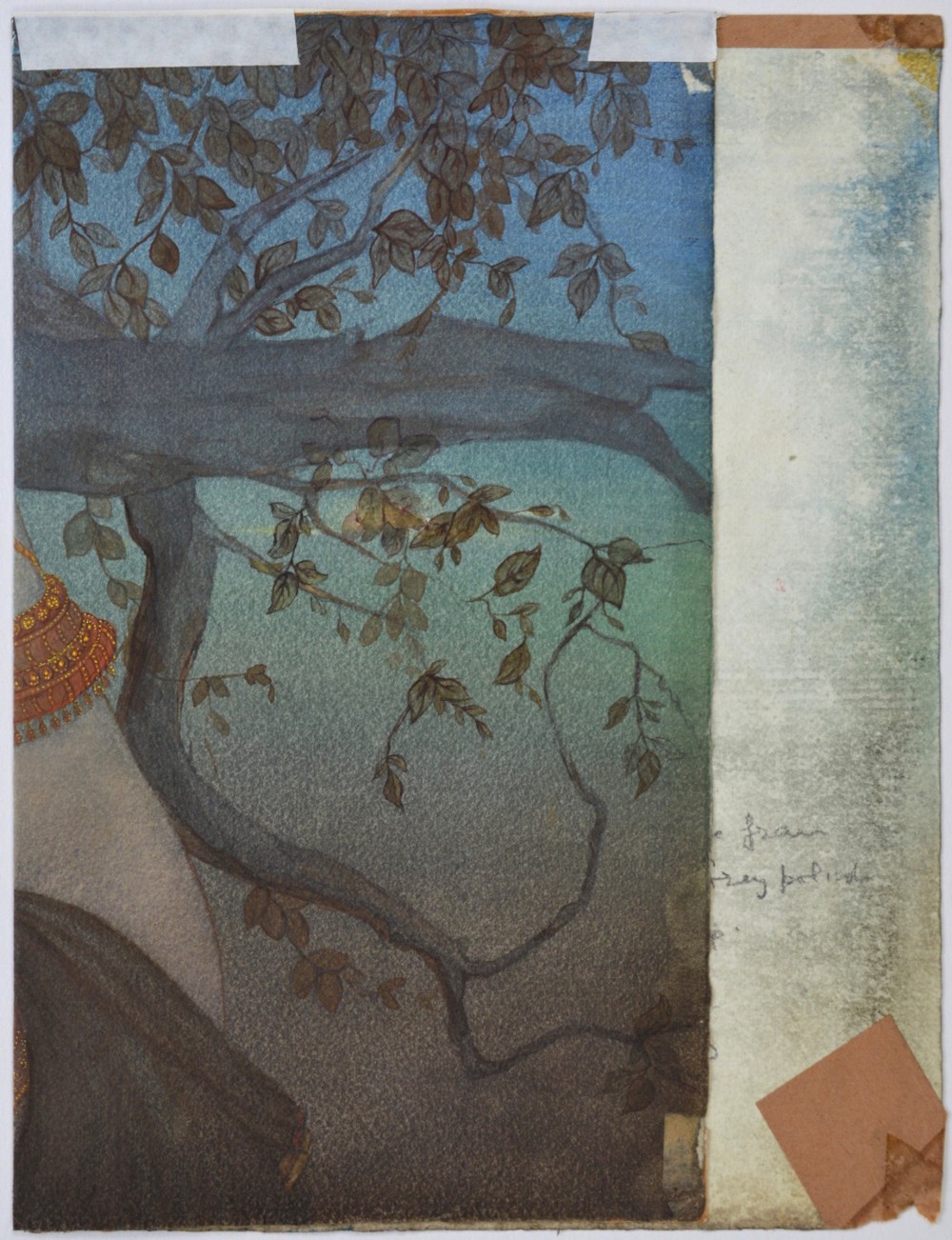 An Indian watercolour painting depicting a woman in profile adorned with traditional gold jewellery against a backdrop of leafy branches. View VIII
