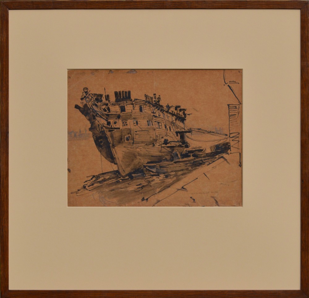 Drawing Signed and dated 1921 - Men Working on a Hulk of an Old Ship