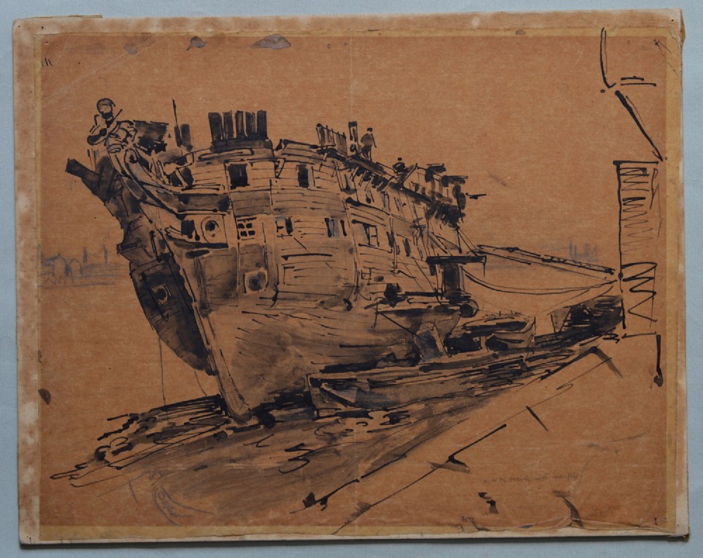 Drawing Signed and dated 1921 - Men Working on a Hulk of an Old Ship View II