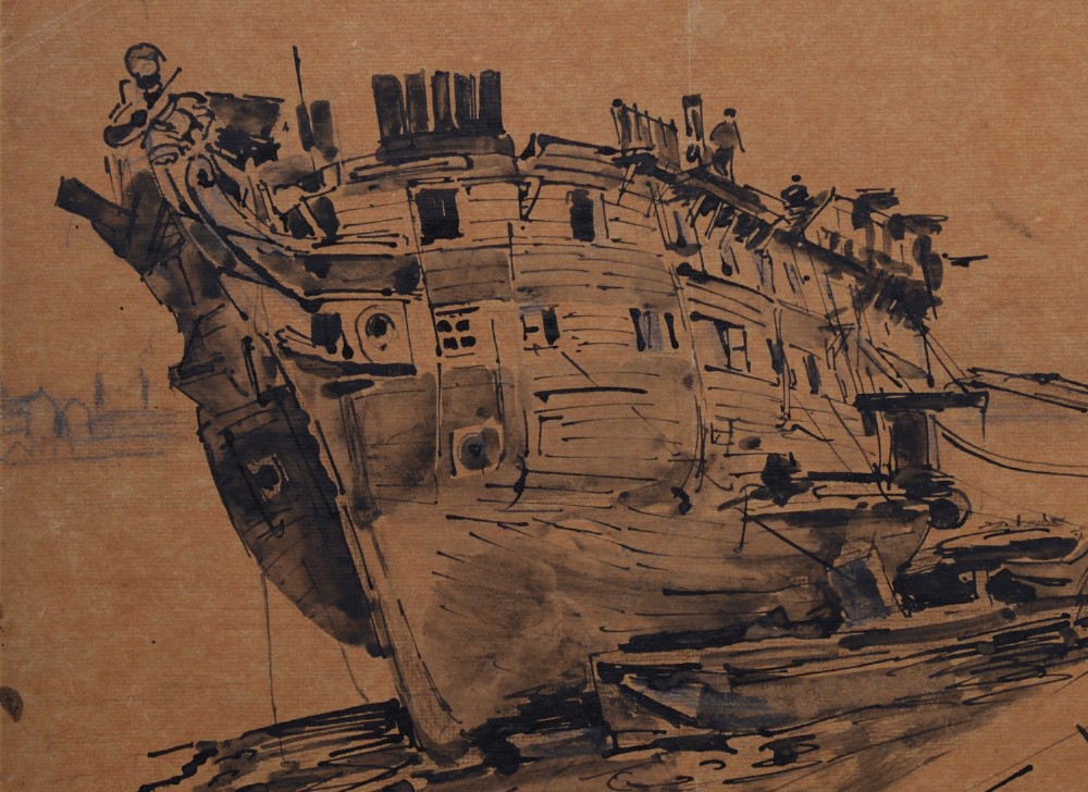 Drawing Signed and dated 1921 - Men Working on a Hulk of an Old Ship View V