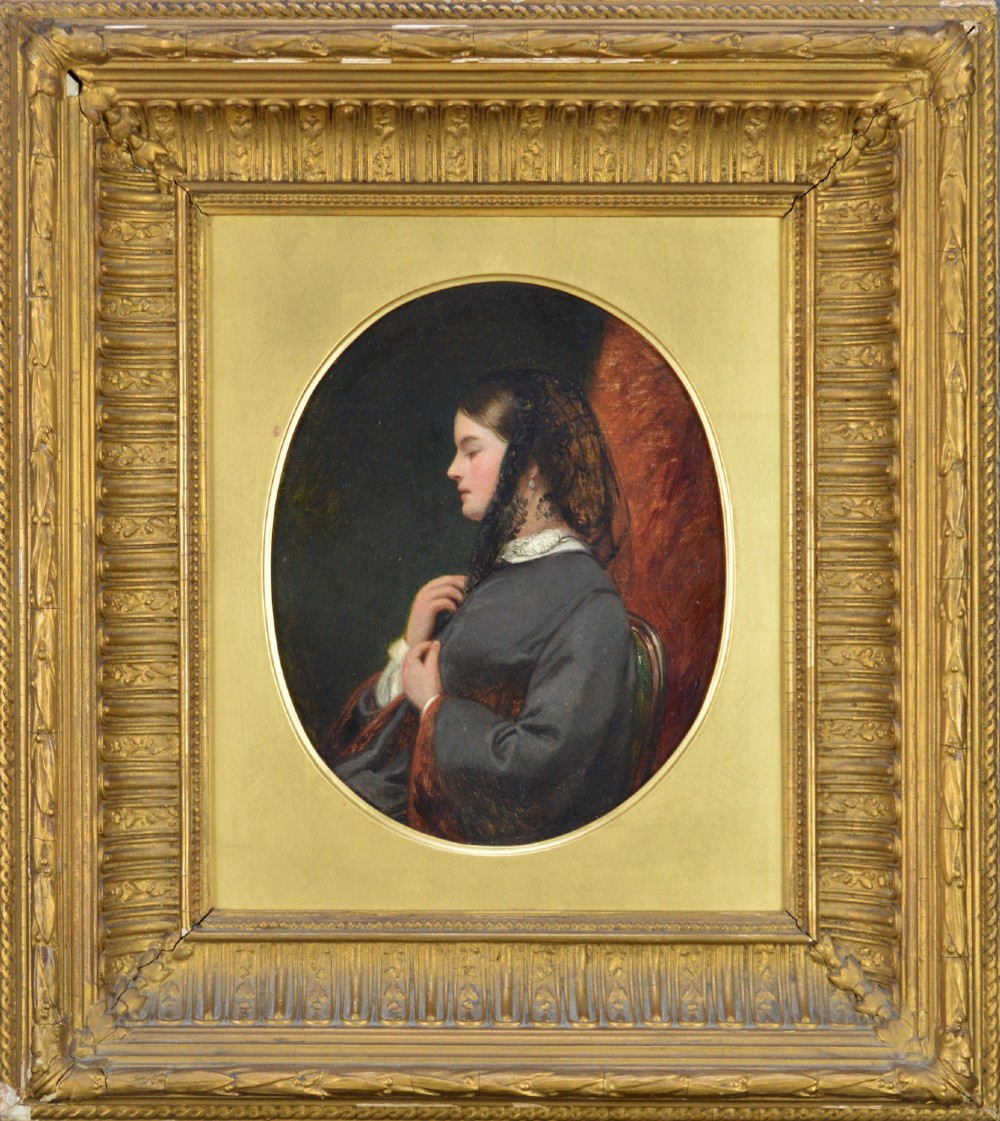 An oval Victorian oil painting depicting a woman in side profile wearing a black lace veil and dark attire, set within a gold frame. View II