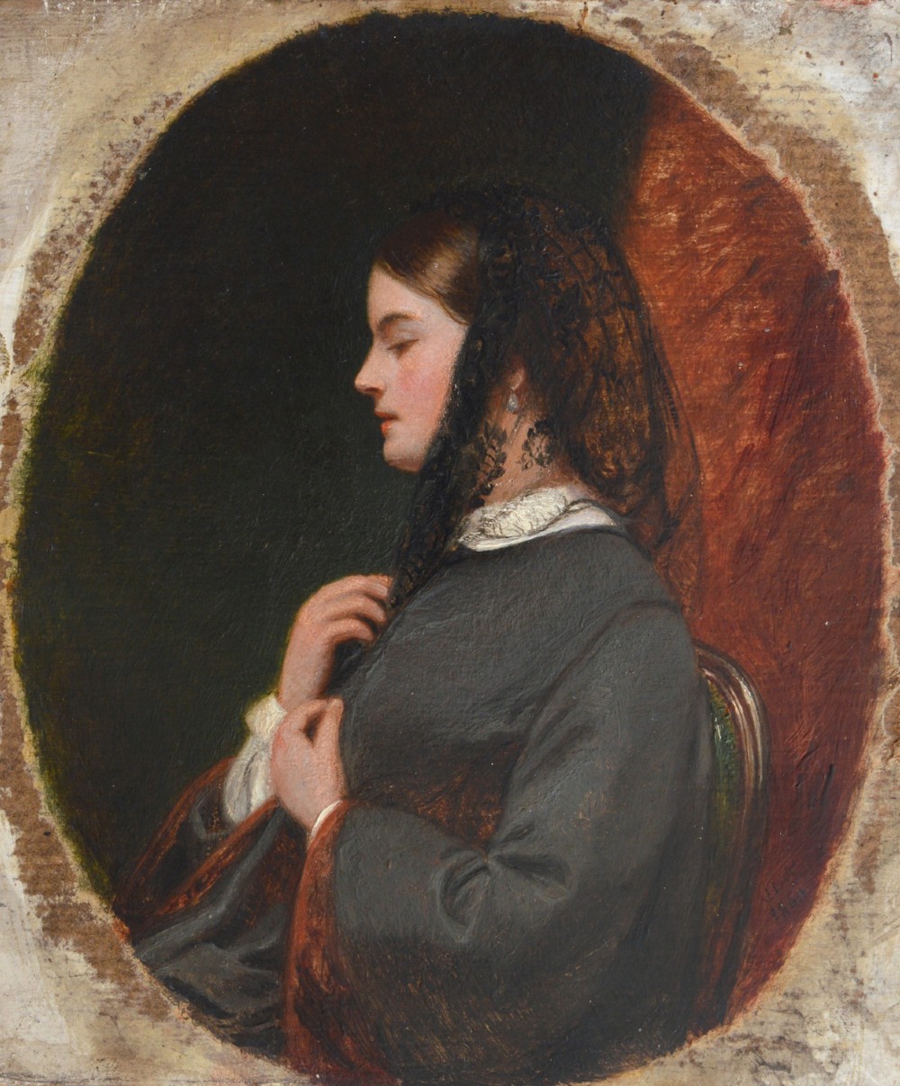 An oval Victorian oil painting depicting a woman in side profile wearing a black lace veil and dark attire, set within a gold frame. View IV
