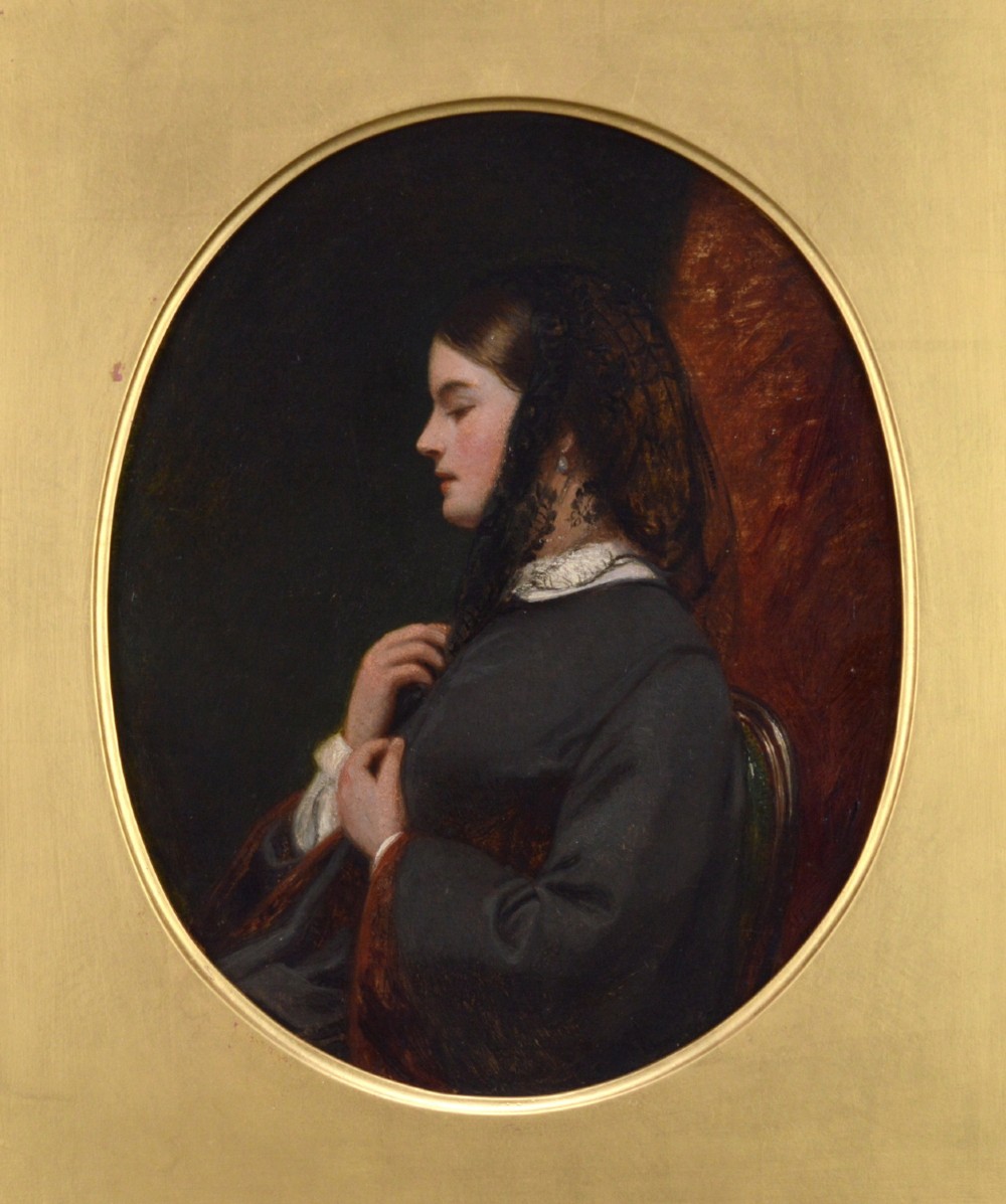 An oval Victorian oil painting depicting a woman in side profile wearing a black lace veil and dark attire, set within a gold frame. View V