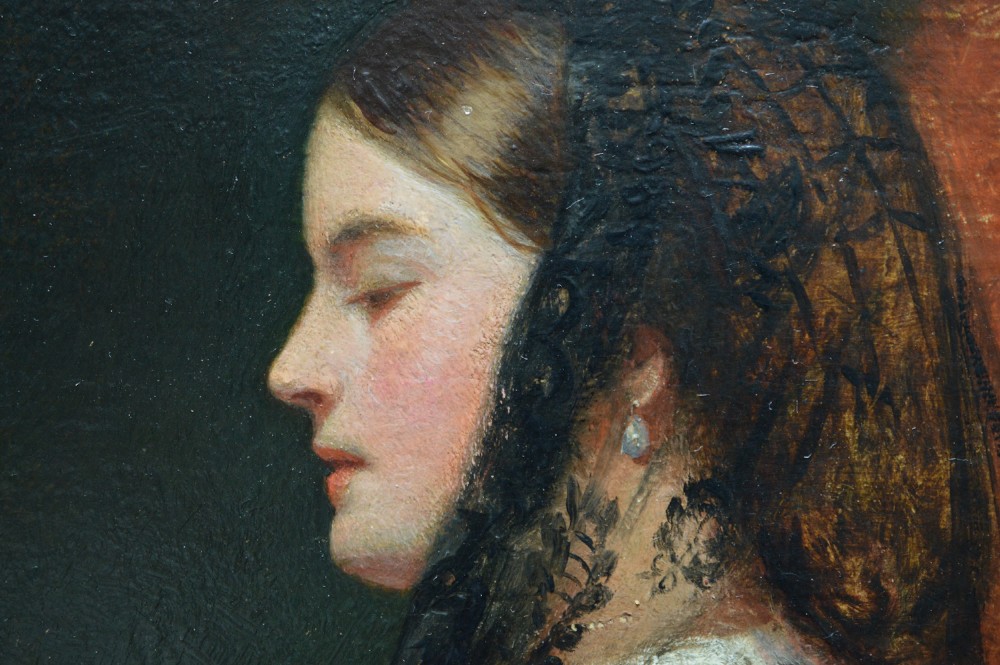 An oval Victorian oil painting depicting a woman in side profile wearing a black lace veil and dark attire, set within a gold frame. View VIII