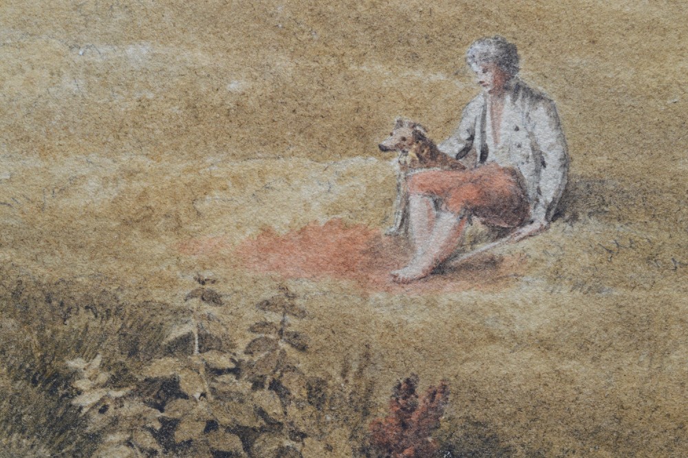 A Georgian watercolour landscape depicting cattle grazing in a meadow at Lambeth Marsh with St. Pauls Cathedral in the background. View III