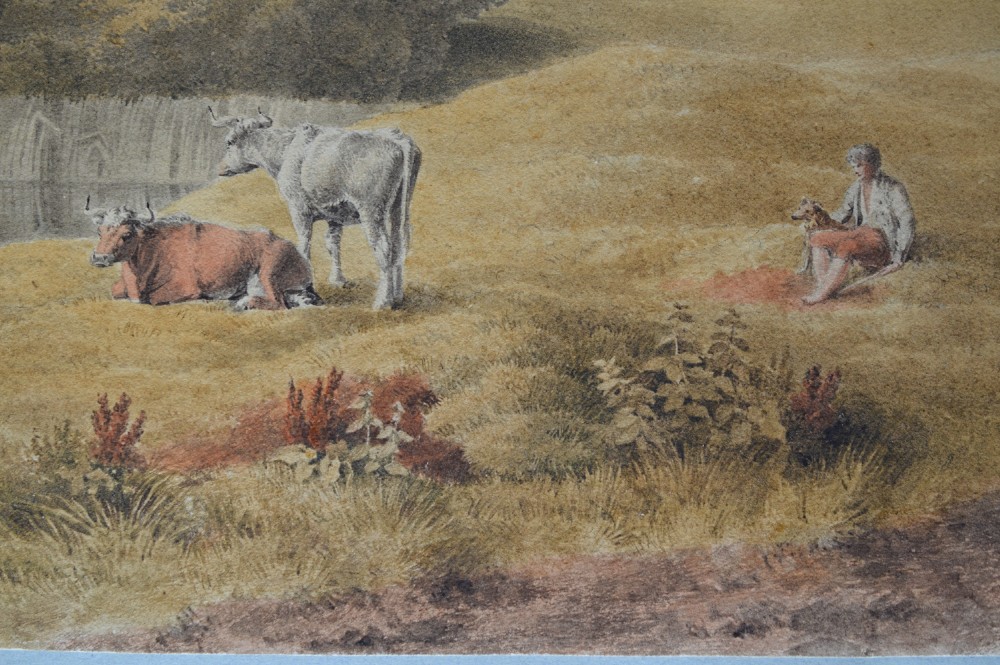 A Georgian watercolour landscape depicting cattle grazing in a meadow at Lambeth Marsh with St. Pauls Cathedral in the background. View IV