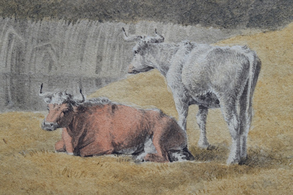 A Georgian watercolour landscape depicting cattle grazing in a meadow at Lambeth Marsh with St. Pauls Cathedral in the background. View VI