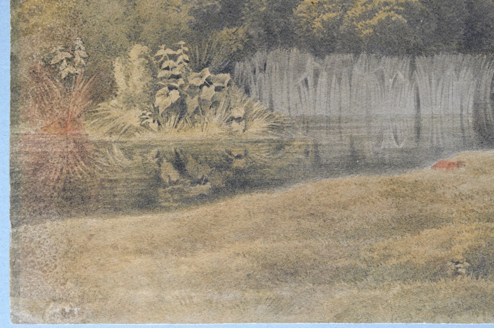 A Georgian watercolour landscape depicting cattle grazing in a meadow at Lambeth Marsh with St. Pauls Cathedral in the background. View VII