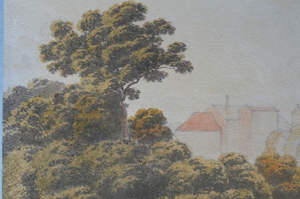 A Georgian watercolour landscape depicting cattle grazing in a meadow at Lambeth Marsh with St. Pauls Cathedral in the background. View IX