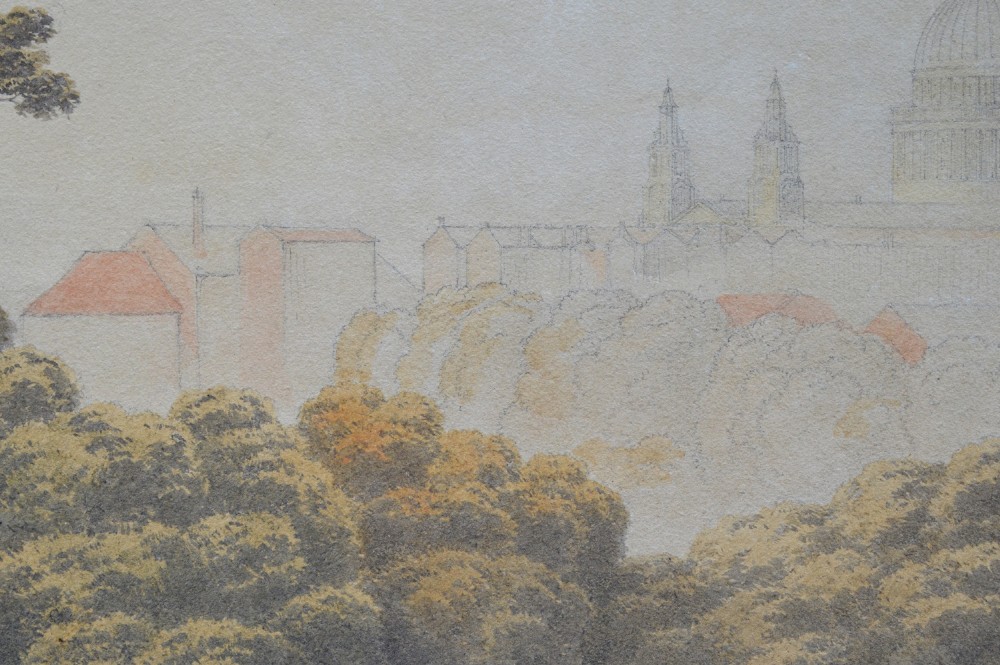 A Georgian watercolour landscape depicting cattle grazing in a meadow at Lambeth Marsh with St. Pauls Cathedral in the background. View X