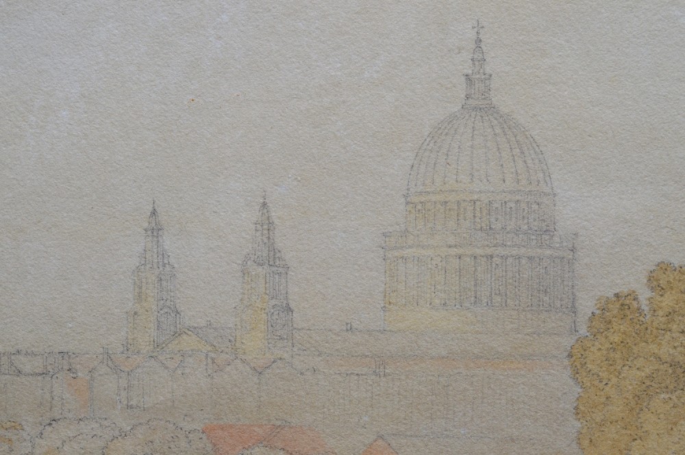 A Georgian watercolour landscape depicting cattle grazing in a meadow at Lambeth Marsh with St. Pauls Cathedral in the background. View XI