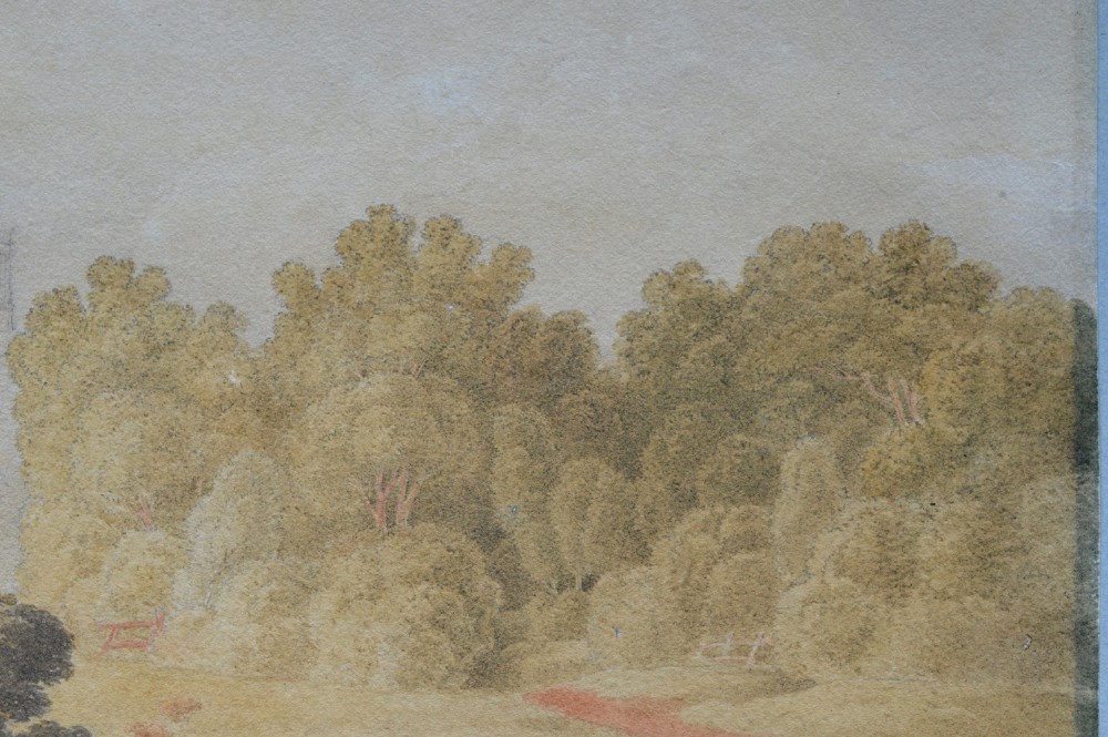 A Georgian watercolour landscape depicting cattle grazing in a meadow at Lambeth Marsh with St. Pauls Cathedral in the background. View XII