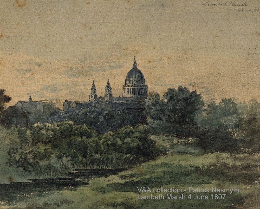 A Georgian watercolour landscape depicting cattle grazing in a meadow at Lambeth Marsh with St. Pauls Cathedral in the background. View XIV