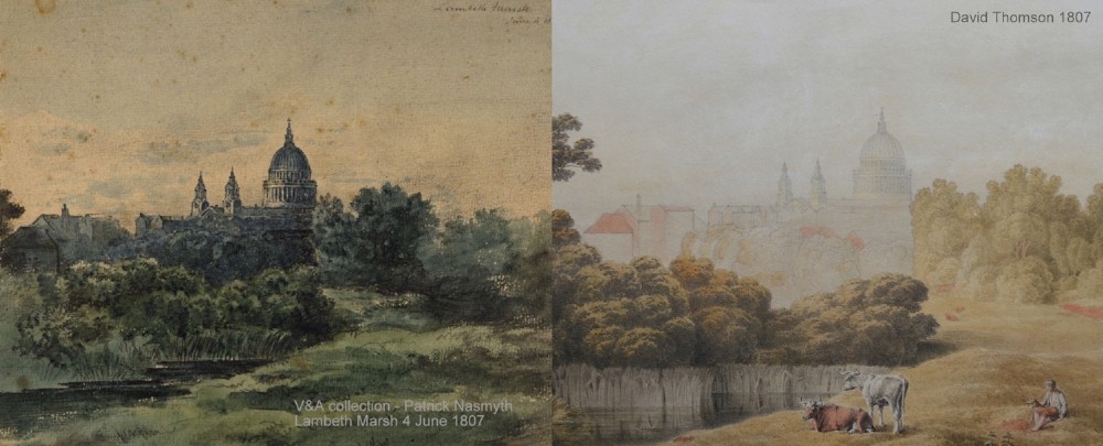 A Georgian watercolour landscape depicting cattle grazing in a meadow at Lambeth Marsh with St. Pauls Cathedral in the background. View XV