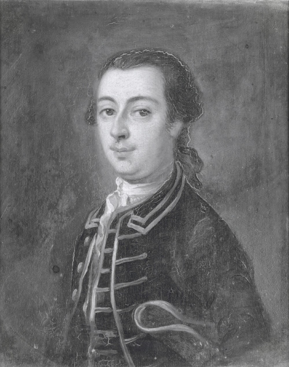 An 18th-century oil portrait depicting a gentleman in a blue military coat trimmed with gold braid, presented in a wide gilt frame. View VIII