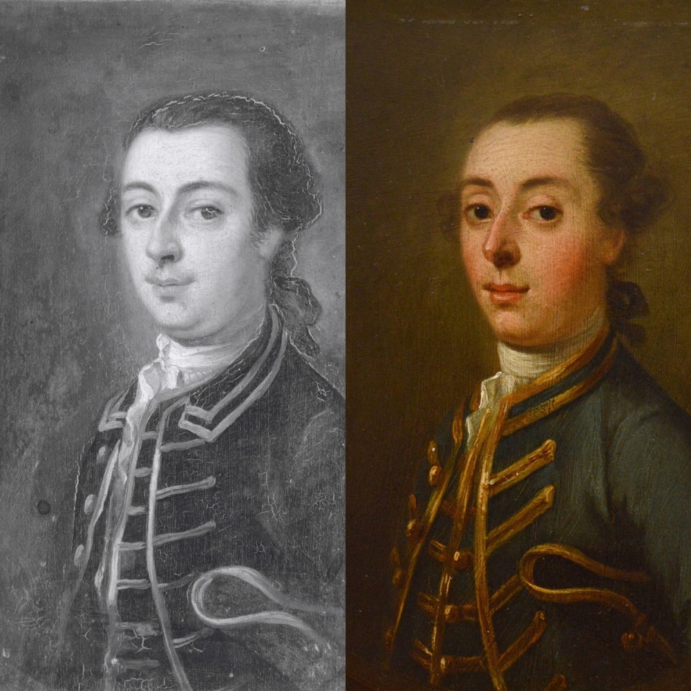An 18th-century oil portrait depicting a gentleman in a blue military coat trimmed with gold braid, presented in a wide gilt frame. View IX