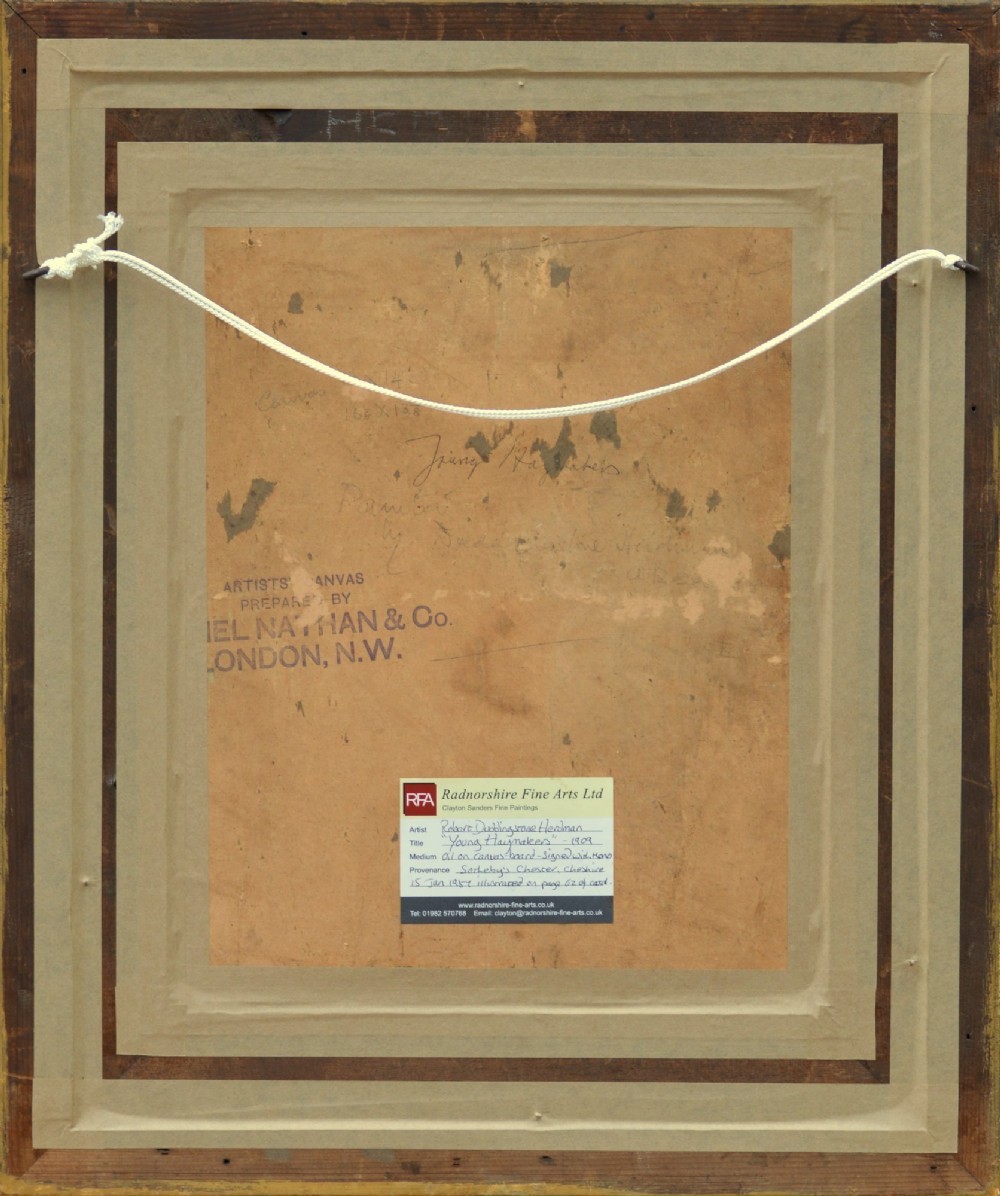An Edwardian oil painting on board depicting three children in a green field, presented inside a moulded gold gilt frame. View IX